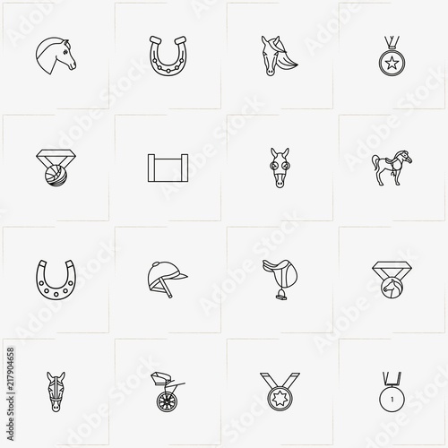 Equestrian Sport line icon set with medal, jockey carriage  and jockey helmet