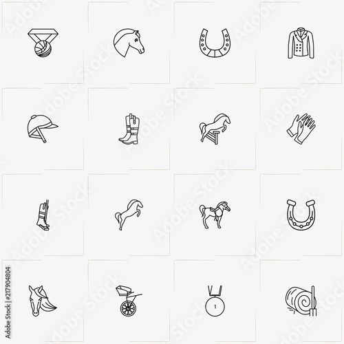 Equestrian Sport line icon set with horseshoe    , jockey shoe  and hay