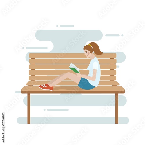 Girl-teenager reading book on the bench - - vector flat style illustration - learning and back to school concept.