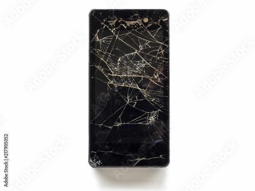 Broken touch screen smart phone isolated on white background photo