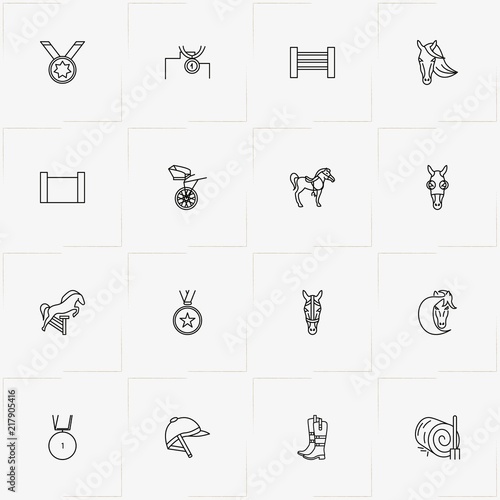 Equestrian Sport line icon set with jockey carriage , jockey helmet  and hay