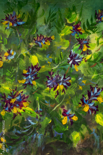 Oil painting Bush of violet yellow flowers on a green background nature flower illustration artwork on canvas art