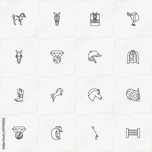 Equestrian Sport line icon set with jockey shoe , jockey helmet  and hay