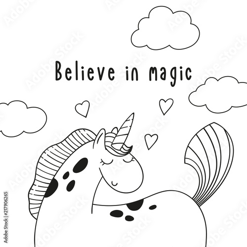 Fototapeta Naklejka Na Ścianę i Meble -  Cute cartoon pony unicorn and inscription Believe in magic.