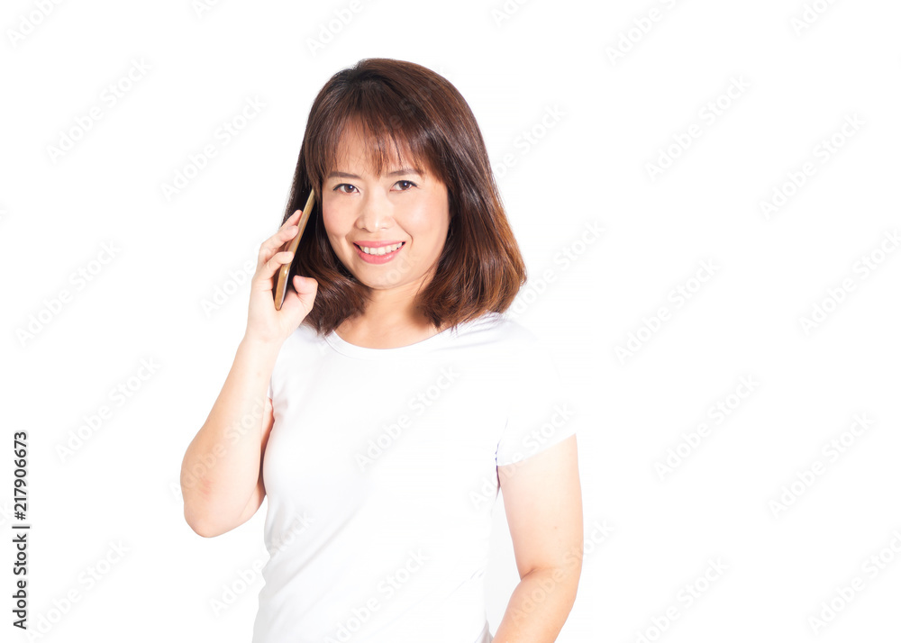 Asian adult woman using smart phone. Smiling and looking camera. Portrait on white isolate background. Asian adult woman using smart phone. Smiling and looking camera. Portrait on white isolate background.
