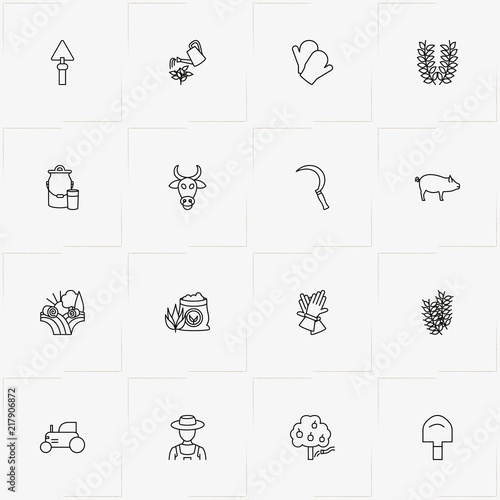 Farm line icon set with apple tree, cow and sickle