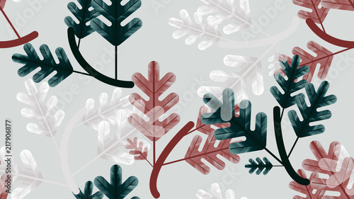 Seamless pattern, green, red and white oak leaves with branch on light grey b...