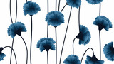 Seamless pattern, dark blue carnation flowers with branch on light blue background