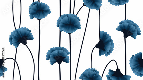 Seamless pattern, dark blue carnation flowers with branch on light blue background © momosama