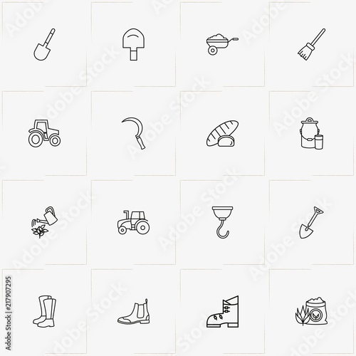 Farm line icon set with broom, shovel and boots