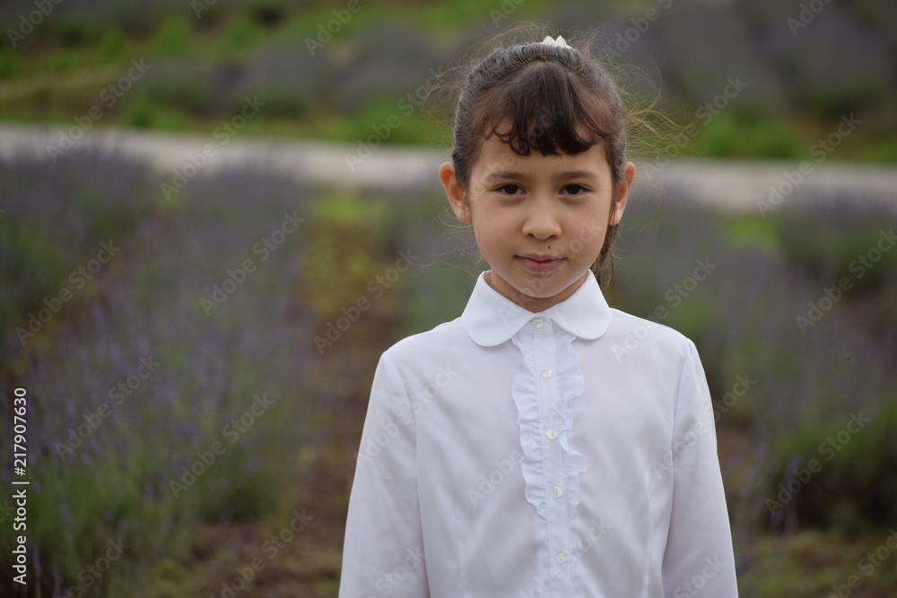 Elementary school girls in lavender flower fields Elementary school girls in lavender flower fields