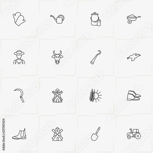 Farm line icon set with wheelbarrow, gloves and hook