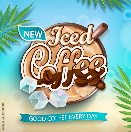 Label of iced coffee with iced cubes and coffee beans on tropical background with green leaves. Perfect for retail marketing promotion, advertising and packaging. Vector illustration.
