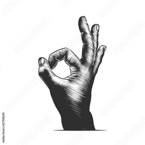 Vector engraved style illustration for posters, decoration and print. Hand drawn sketch of hand ok sign in monochrome isolated on white background. Detailed vintage woodcut style drawing.