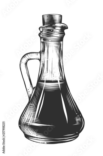 Vector engraved style illustration for posters, decoration and print. Hand drawn sketch of olive oil in monochrome isolated on white background. Detailed vintage woodcut style drawing.