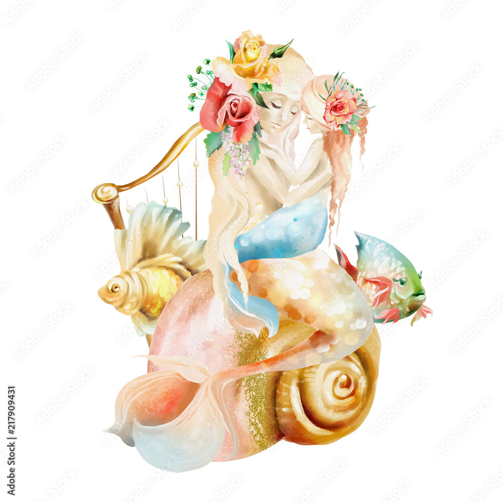 Beautiful watercolor mermaid mother with little baby mermaid sitting on a seashell with harp, fishes and flowers, floral bouquets