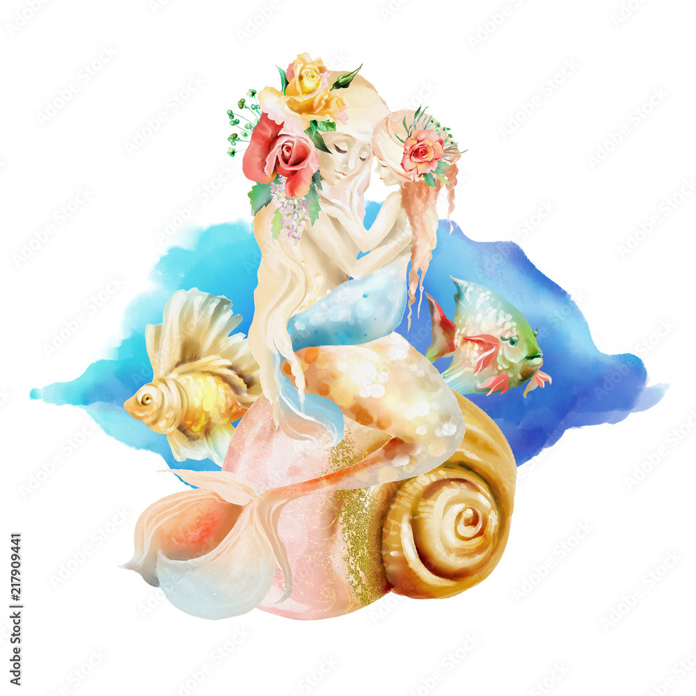 Beautiful watercolor mermaid mother with little baby mermaid sitting on a seashell with fishes and flowers, floral bouquets