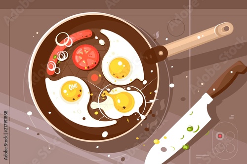 Fry delicious scrambled eggs and sausage