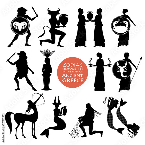 Silhouettes of zodiac signs in the style of ancient Greece isolated on white background