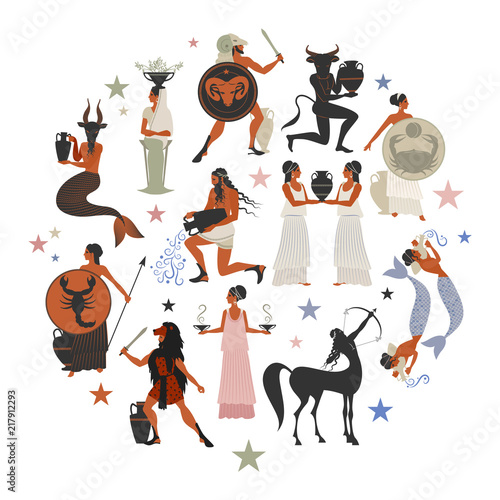 Zodiac signs style mythology of Ancient Greece inscribed in a circle sign.