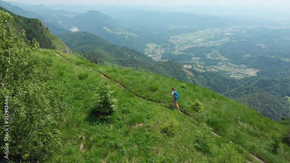 AERIAL: Flying above an active young woman trekking up a narrow path in the Alps with her little dog. Breathtaking view of the green mountains and valleys as female tourist ascends a steep grassy hill AERIAL: Flying above an active young woman trekking up a narrow path in the Alps with her little dog. Breathtaking view of the green mountains and valleys as female tourist ascends a steep grassy hill