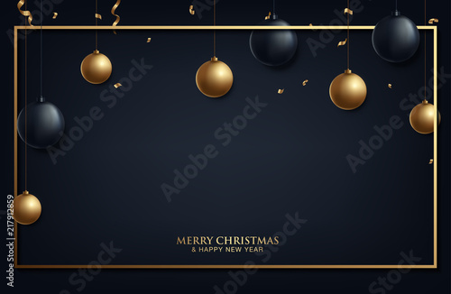 Fototapeta Naklejka Na Ścianę i Meble -  Christmas greeting card with type design and golden decorations on the black background