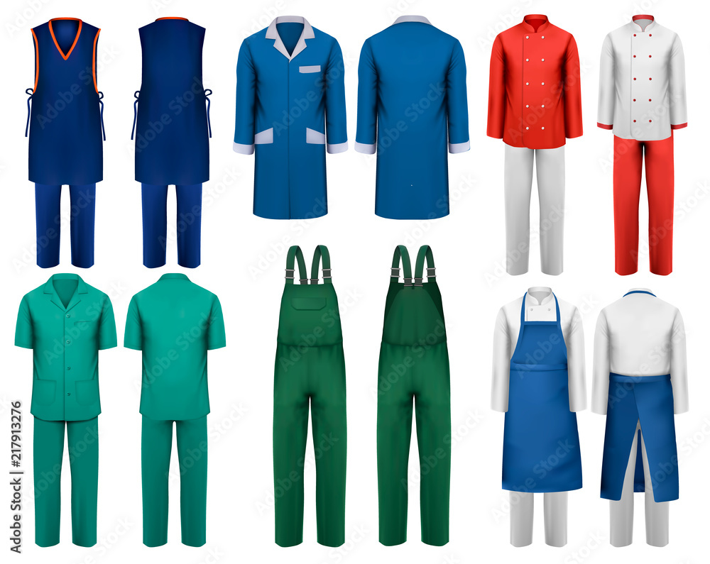 Set of overalls with worker and medical clothes. Design template. Vector illustration. Set of overalls with worker and medical clothes. Design template. Vector illustration.
