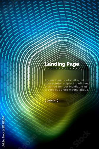 Neon glowing techno hexagon shape lines, hi-tech futuristic abstract background, landing page template