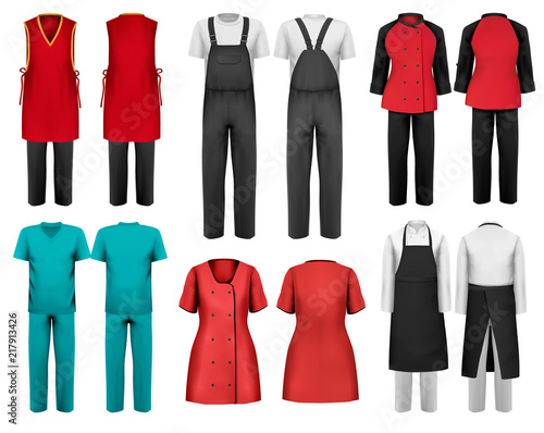Set of overalls with worker and shefcooks and medical clothes. Design template. Vector illustration.