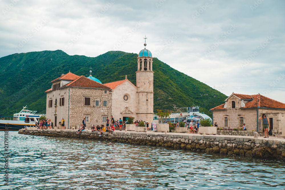 PERAST, MONTENEGRO - July 17, 2018: tourist at our lady island