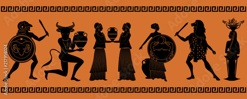 The first six signs of the zodiac as myths of ancient Greece in decorative border: Aries, Taurus, Gemini, Cancer, Leo, Virgo