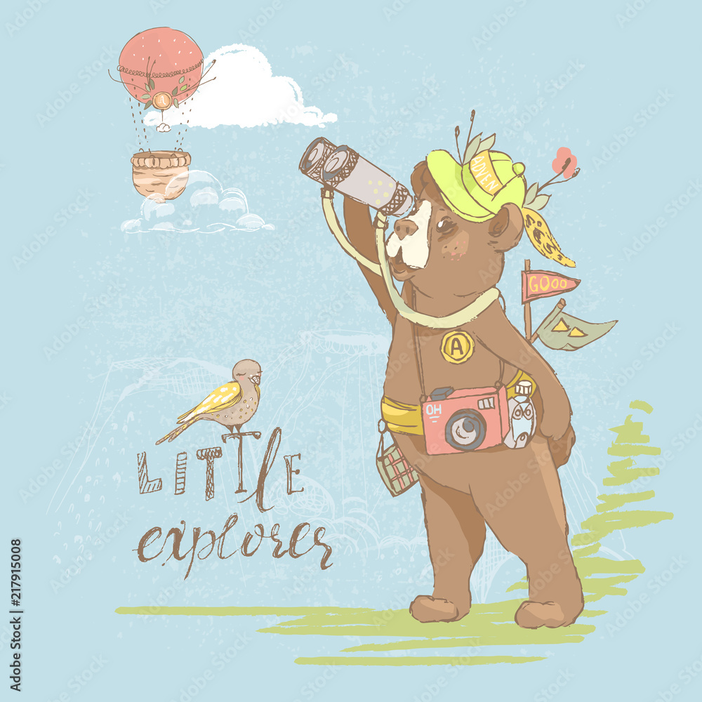 Fototapeta premium Cute little hand drawn baby bear traveller, adventurer with a binoculars and a hat, looking at airballoon