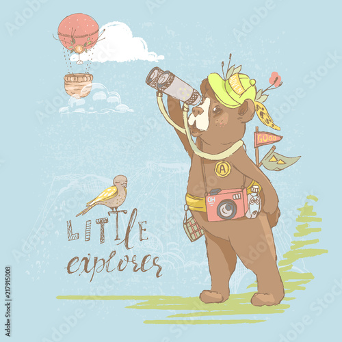 Cute little hand drawn baby bear traveller, adventurer with a binoculars and a hat, looking at airballoon
