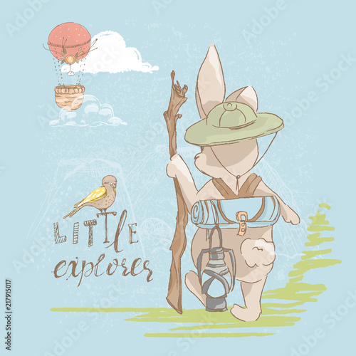 Cute little hand drawn bunny traveller, adventurer with a backpack and a hat, looking at airballoon