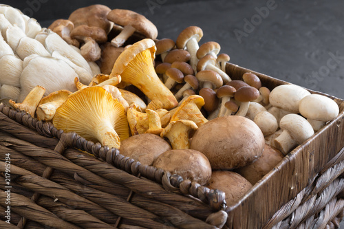 Variety of uncooked wild forest mushrooms in a wicker basket on a black background, flat lay. Mushrooms chanterelles, honey agarics, oyster mushrooms, champignons, portobello, shiitake