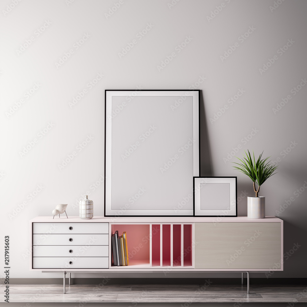 Mock up poster frame in Interior room with white wal, modern style, 3D illustration Mock up poster frame in Interior room with white wal, modern style, 3D illustration