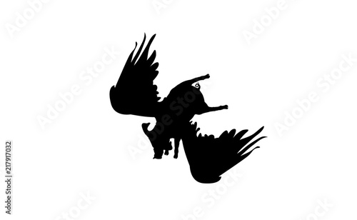Silhouette funny piggy with wings flying, pig pattern, black and white vector illustration