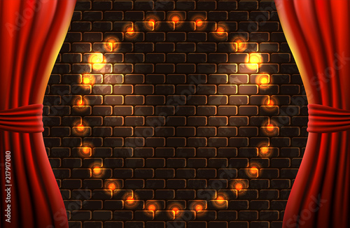 Scene with open curtains and retro glowing frame against decorative brick vintage wall with light from floodlights