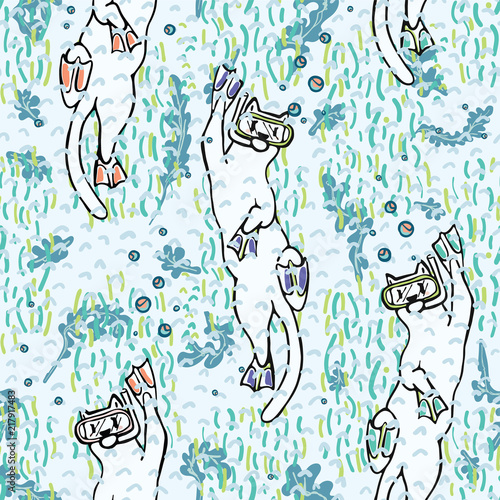 Cartoon Diving Cats Vector Pattern, Seamless Water Background , Seaweed Bubbles Snorkeling Kitties for Kids Sport Fashion, Summer Beach Apparel, Childrens Funny Underwater Aqua Character Illustration