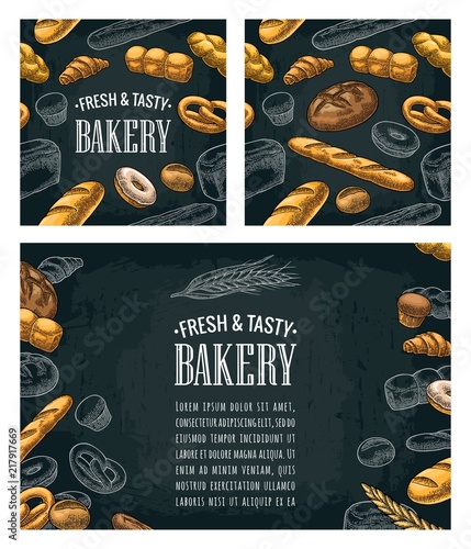 Poster and seamless pattern with bread. Vector vintage engraving