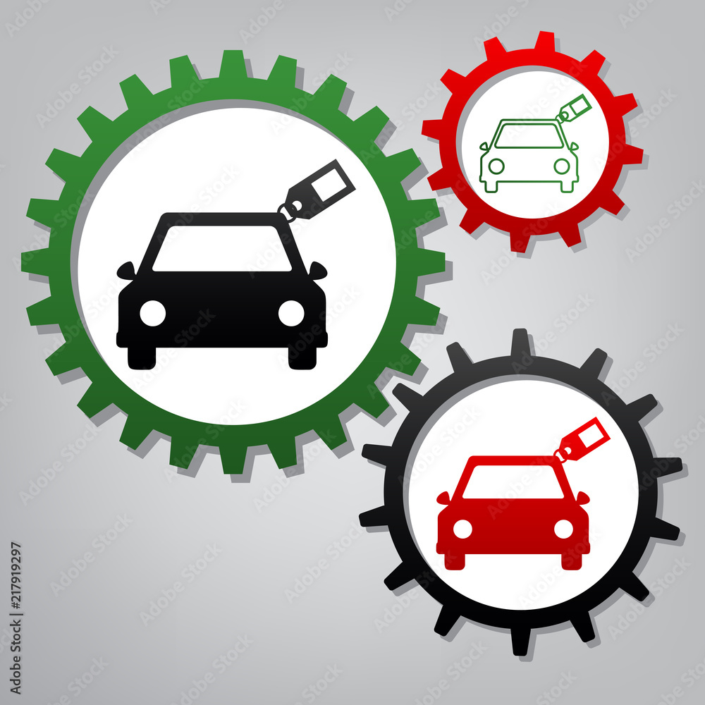 Car sign with tag. Vector. Three connected gears with icons at g