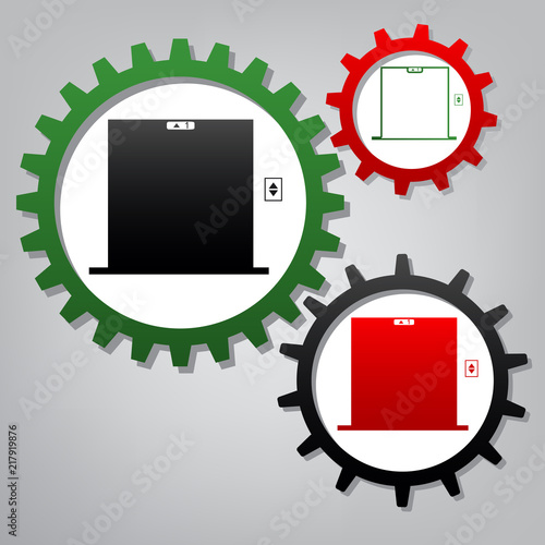 Elevators door sign. Vector. Three connected gears with icons at