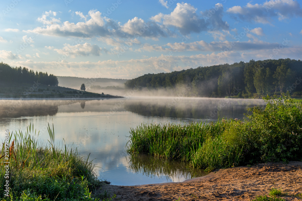 Naklejka premium mglisty brzeg jeziora o wschodzie słońca latem z wysoką trawą