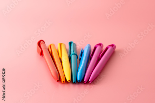 color pen on pink background Back to school Education with copy space colorful