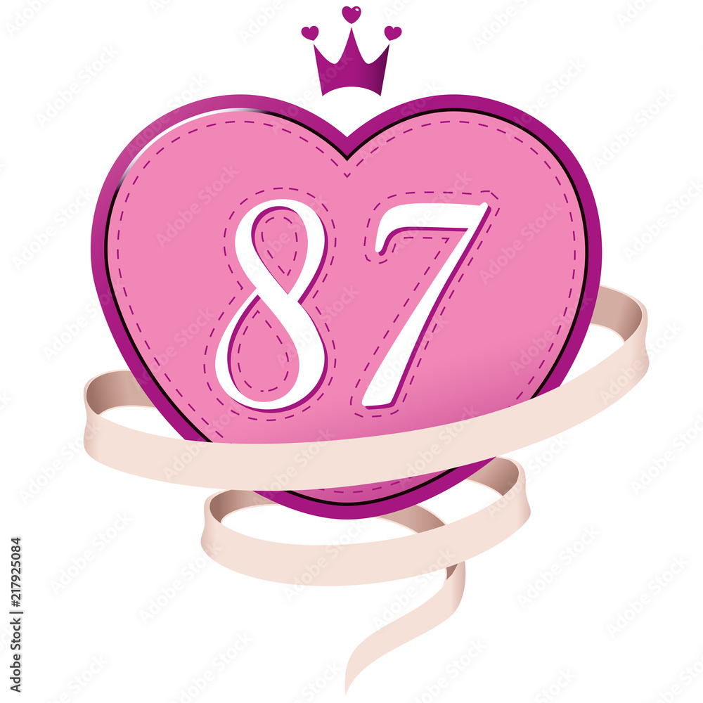 Pink Heart with a Crown, Ribbon and Number 87 Pink Heart with a Crown, Ribbon and Number 87