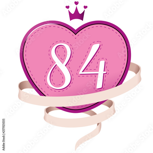 Pink Heart with a Crown, Ribbon and Number 84