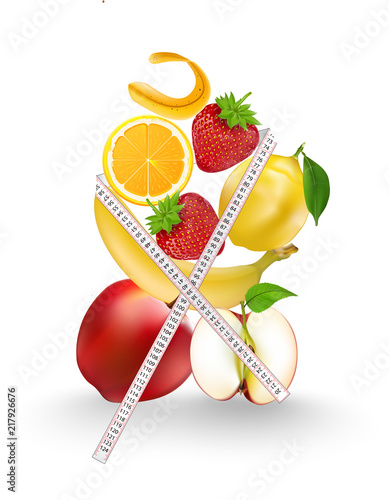 The fruit includes red apple and lemon balm, banana, strawberry, white body, white background, suitable for health. And the message is a poster or a message.