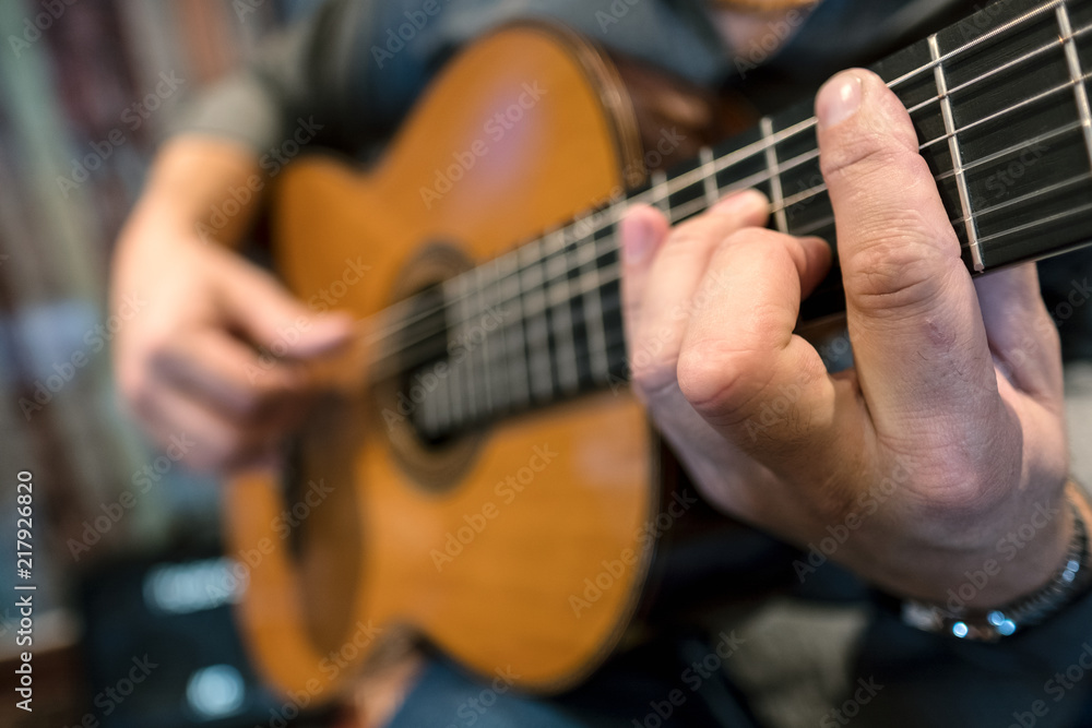 Fototapeta premium Guitar Instrument Musician Music record playing tango jazz acoustic string hand rock sound electric classical concert show live jazz improvisation bass harmony rhythm swing