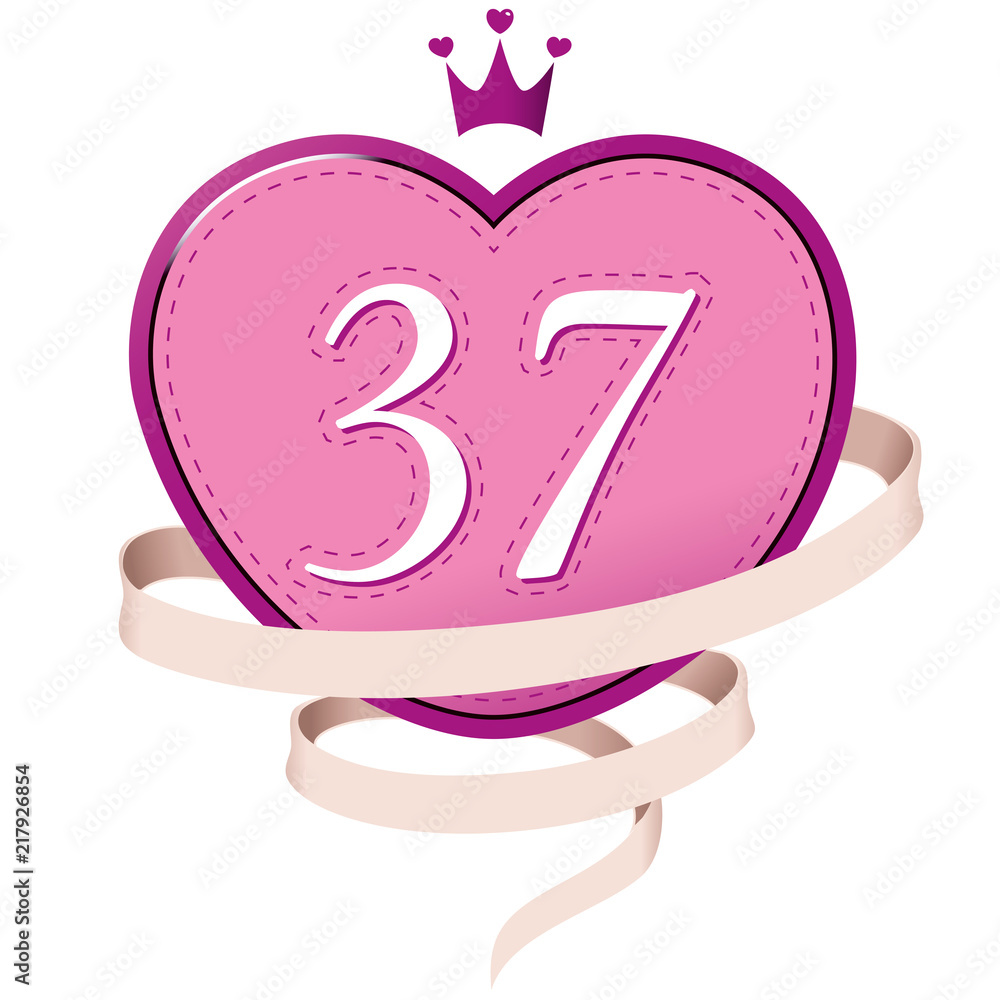 Pink Heart with Crown, Ribbon and Number 37 Pink Heart with Crown, Ribbon and Number 37