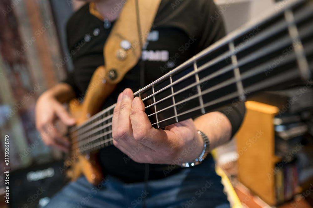 Fototapeta premium Bass Player Musician Music Instrument gear equipment string musical rock jazz blues improvisation recording hands sound electric finger art craft song rhythm